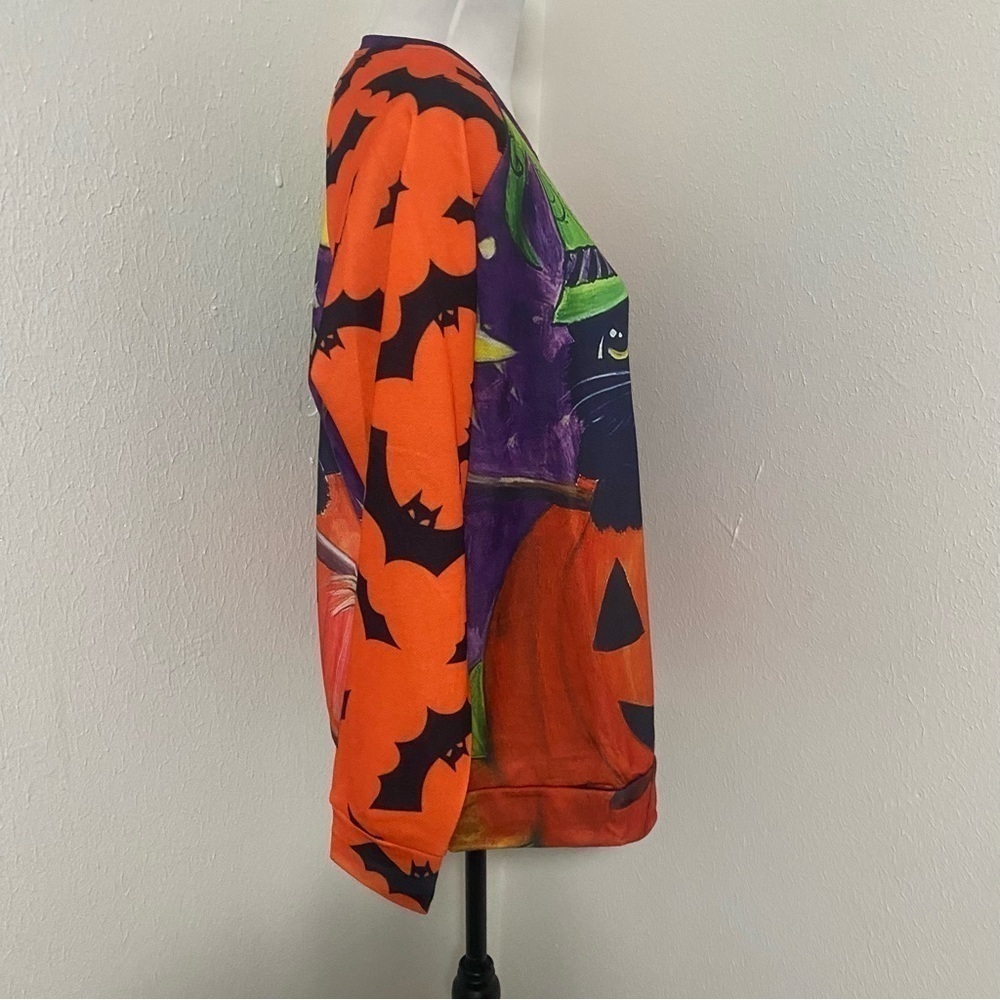 Halloween Cat in Pumpkin Graphic Long Sleeve Sweatshirt Size Large Colorful Y2K - Picture 6 of 9